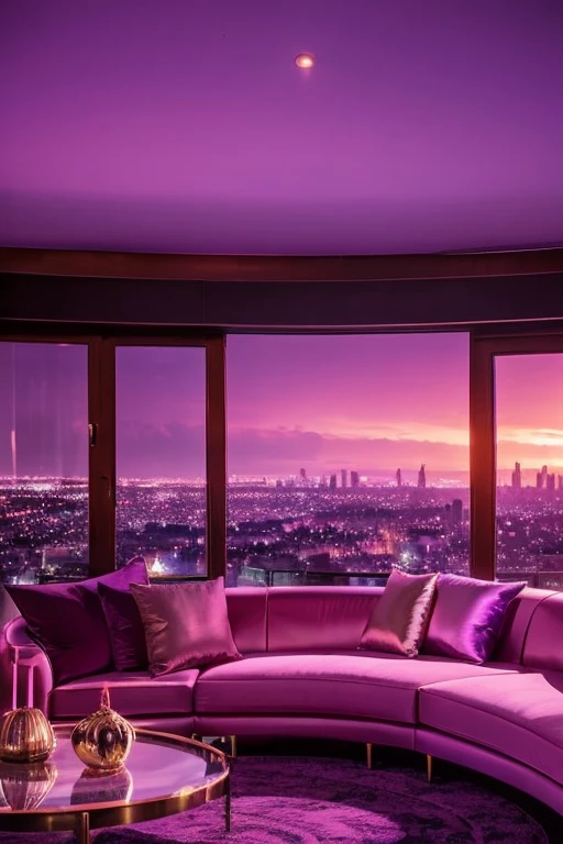 dreamy, luxurious living room with satin metallic furniture at twilight with a view overlooking of a city. gradient of purples and pinks sky, enhancing the magical, serene atmosphere. 1960 retro film still, retrowave