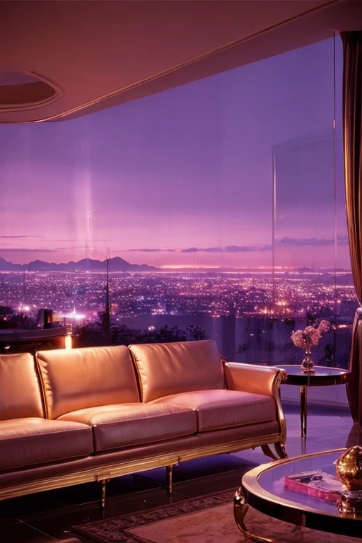 dreamy, luxurious living room with satin metallic furniture at twilight with a view overlooking of a city. gradient of purples and pinks sky, enhancing the magical, serene atmosphere. 1960 retro film still, retrowave