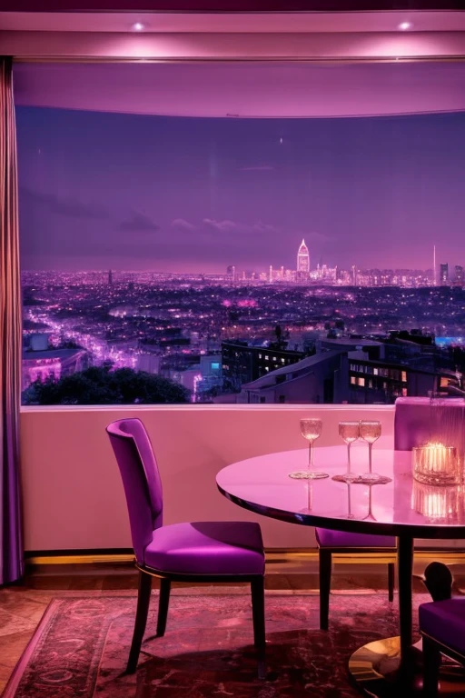 dreamy, luxurious dining room with satin metallic furniture at twilight with a view overlooking of a city. gradient of purples and pinks sky, enhancing the magical, serene atmosphere. 1960 retro film still, retrowave