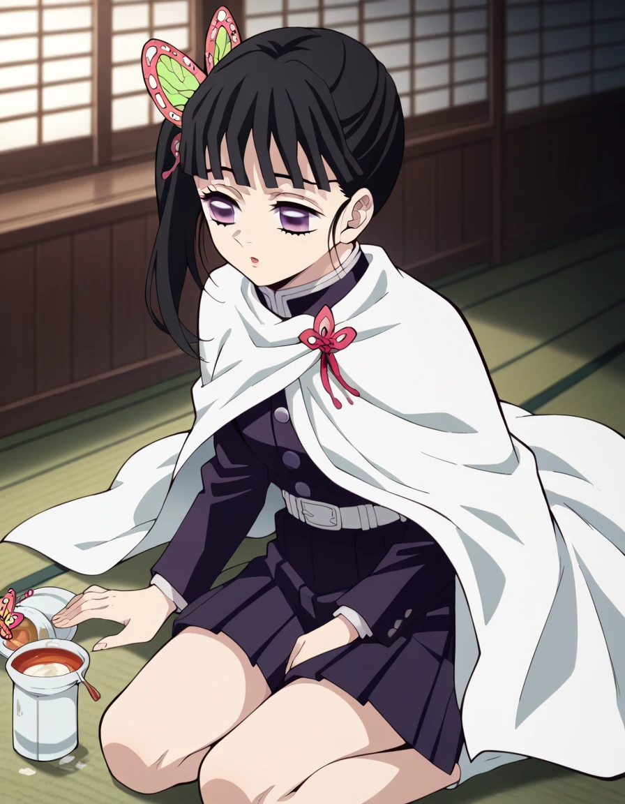 score_9, score_8_superior, score_7_superior, sauce_anime,
Kanaotsuyuri, Kanao Tsuyuri, Black Hair, butterfly, butterfly hair ornament, Purple eyes, side ponytail, ponytail,
black miniskirt, Demon Slayer uniform, Long sleeve, pleated miniskirt, white Cape,
indoor, bedroom, sexy legs