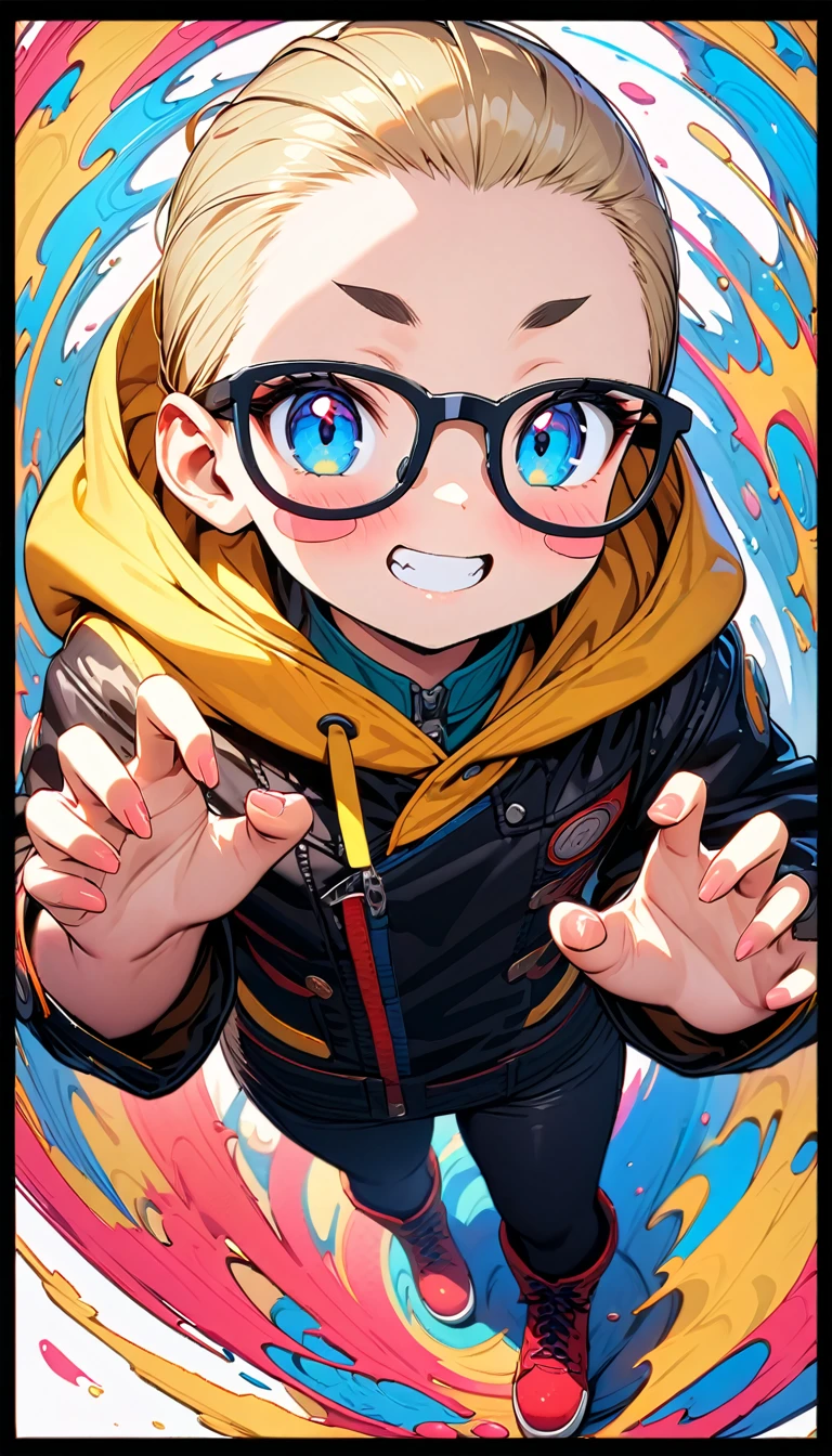 speedy Shot,(Top quality masterpiece),detailed,ultra detailed,hyper detailed,insanely detailed,Exquisite,Beautiful Full HD,16k,cute,Fantasy,A vibrant academic community,Soft line design,Soft　Surface,Simple line drawing,The best light,Fast Shutter Speed,  depth of border described,Highly saturated colors,Vibrant colors,Vibrant colors,BREAK,
(10yo),skinny,flat chested,(forehead,hair slicked back:1.3),Beautiful blonde hair,(blue eyes),(black nodoka glasses),thick bluish eyeshadow, thin eyebrows, thick black eyeliner, Highlighted eyes with eyeliner, false eyelashes,blush stickers,BREAK,
black leather jacket, yellow hood, black tight leather pants, red boots,full body, o o, claw pose