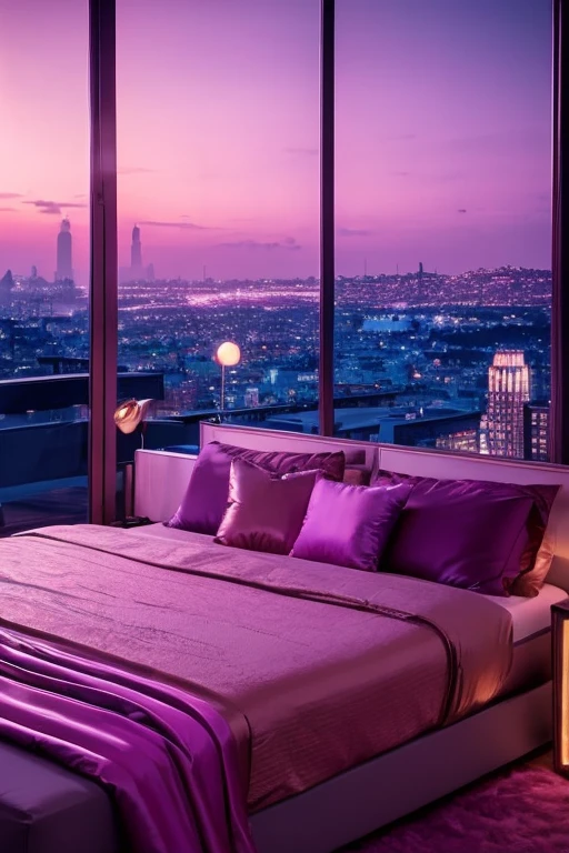 dreamy, luxurious bedroom with satin metallic furniture at twilight with a view overlooking of a city. gradient of purples and pinks sky, enhancing the magical, serene atmosphere. 1960 retro film still, retrowave