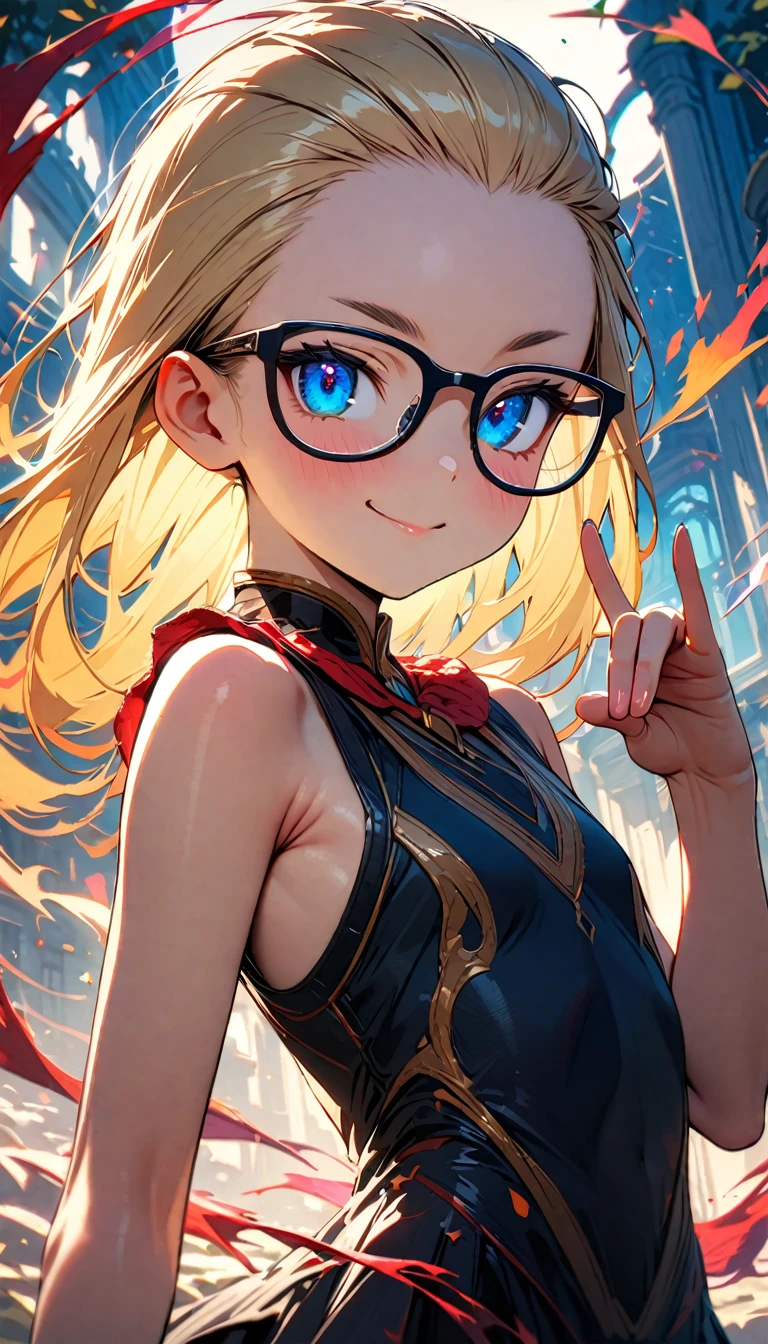 speedy Shot,(Top quality masterpiece),detailed,ultra detailed,hyper detailed,insanely detailed,Exquisite,Beautiful Full HD,16k,cute,Fantasy,A vibrant academic community,Soft line design,Soft　Surface,Simple line drawing,The best light,Fast Shutter Speed,  depth of border described,Highly saturated colors,Vibrant colors,Vibrant colors,BREAK,
(10yo),skinny,flat chested,(forehead,hair slicked back:1.3),Beautiful blonde hair,(blue eyes),(black nodoka glasses),thick bluish eyeshadow, thin eyebrows, thick black eyeliner, Highlighted eyes with eyeliner, false eyelashes,blush stickers,BREAK,
black leather jacket, yellow hood, black tight leather pants, red boots,full body, o o, claw pose