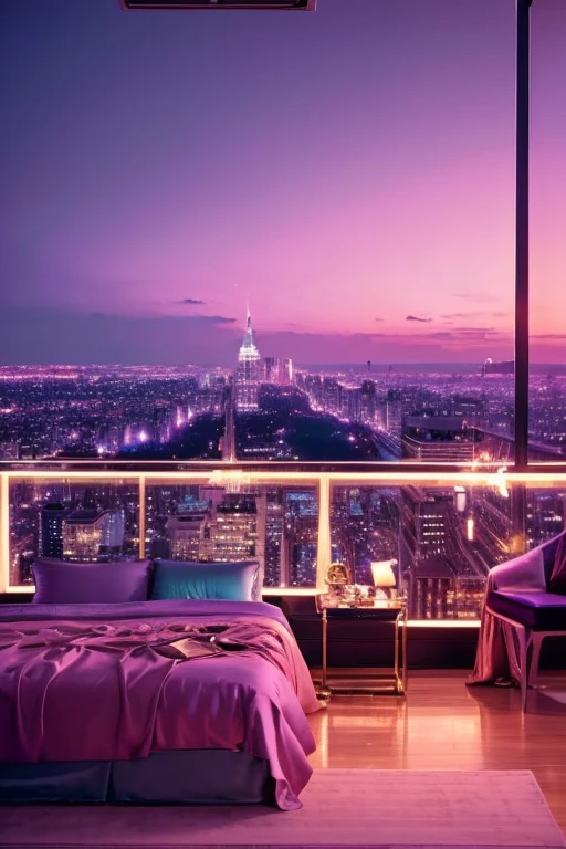 dreamy, luxurious bedroom with satin metallic furniture at twilight with a view overlooking of a city. gradient of purples and pinks sky, enhancing the magical, serene atmosphere. 1960 retro film still, retrowave