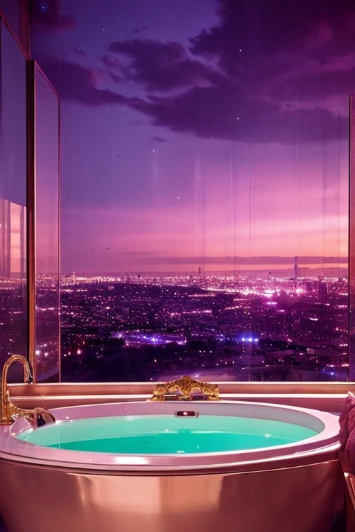 dreamy, luxurious bathroom with satin metallic furniture at twilight with a view overlooking of a city. gradient of purples and pinks sky, enhancing the magical, serene atmosphere. 1960 retro film still, retrowave