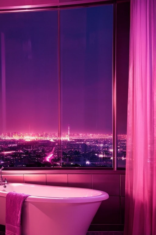 dreamy, luxurious bathroom with satin metallic furniture at twilight with a view overlooking of a city. gradient of purples and pinks sky, enhancing the magical, serene atmosphere. 1960 retro film still, retrowave