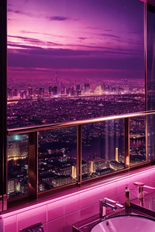 dreamy, luxurious bathroom with satin metallic furniture at twilight with a view overlooking of a city. gradient of purples and pinks sky, enhancing the magical, serene atmosphere. 1960 retro film still, retrowave