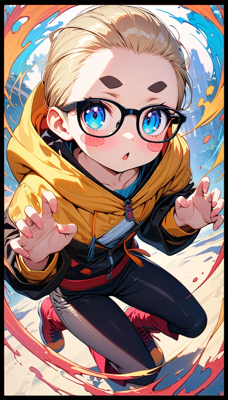 speedy Shot,(Top quality masterpiece),detailed,ultra detailed,hyper detailed,insanely detailed,Exquisite,Beautiful Full HD,16k,cute,Fantasy,A vibrant academic community,Soft line design,Soft　Surface,Simple line drawing,The best light,Fast Shutter Speed,  depth of border described,Highly saturated colors,Vibrant colors,Vibrant colors,BREAK,
(10yo),skinny,flat chested,(forehead,hair slicked back:1.3),Beautiful blonde hair,(blue eyes),(black nodoka glasses),thick bluish eyeshadow, thin eyebrows, thick black eyeliner, Highlighted eyes with eyeliner, false eyelashes,blush stickers,BREAK,
black leather jacket, yellow hood, black tight leather pants, red boots,full body, o o, claw pose