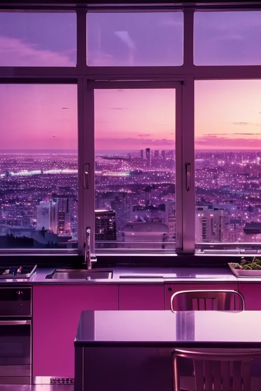 dreamy, luxurious kitchen with satin metallic furniture at twilight with a view overlooking of a city. gradient of purples and pinks sky, enhancing the magical, serene atmosphere. 1960 retro film still, retrowave