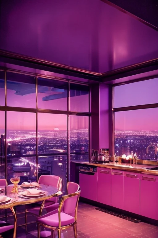 dreamy, luxurious kitchen with satin metallic furniture at twilight with a view overlooking of a city. gradient of purples and pinks sky, enhancing the magical, serene atmosphere. 1960 retro film still, retrowave