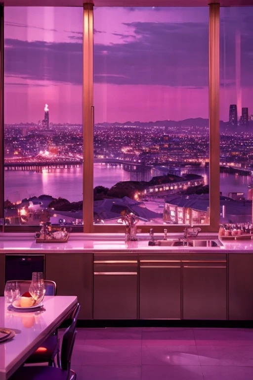 dreamy, luxurious kitchen with satin metallic furniture at twilight with a view overlooking of a city. gradient of purples and pinks sky, enhancing the magical, serene atmosphere. 1960 retro film still, retrowave