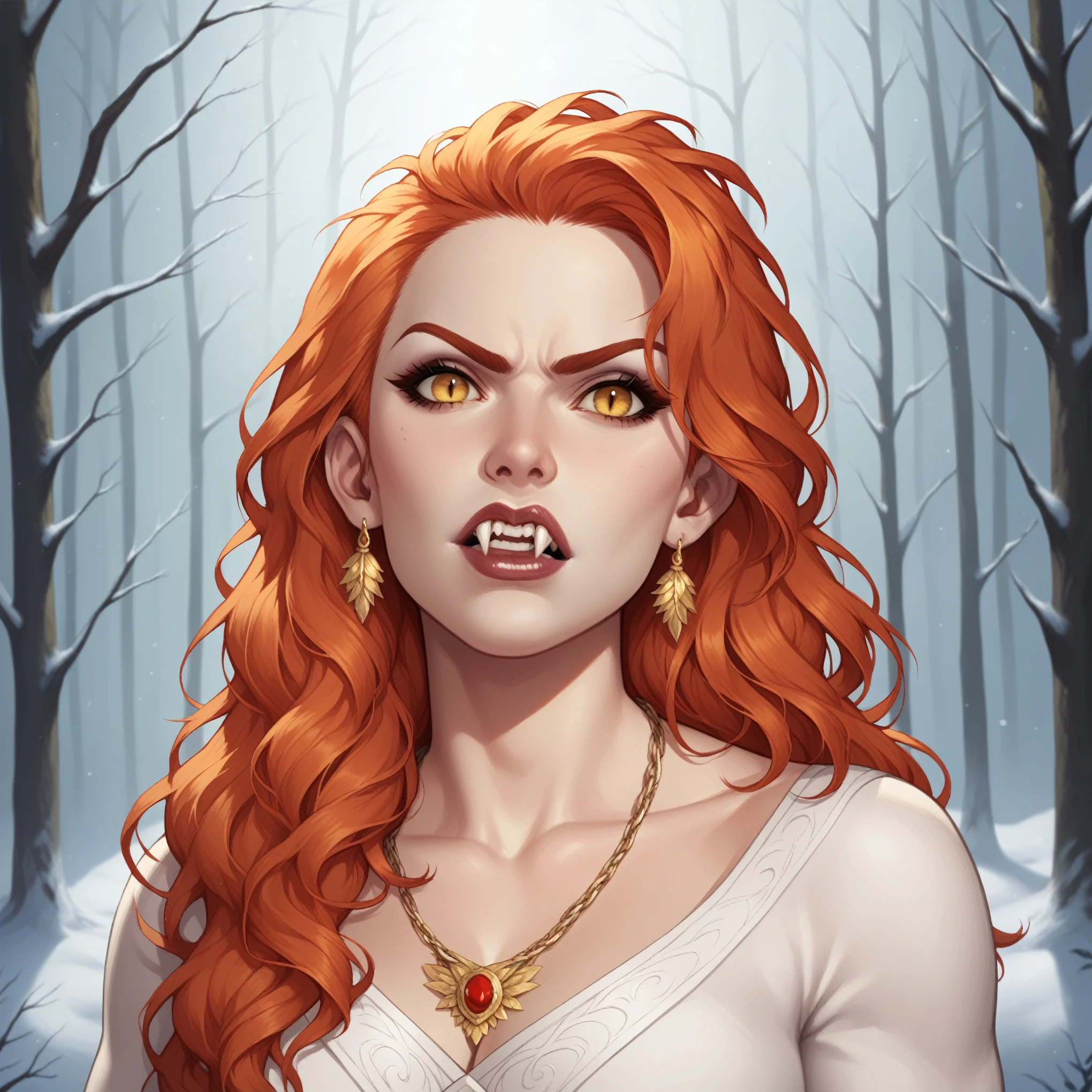 (((beautiful, high quality, comics style, detailed face))), score_9, score_8_up, score_7_up, BREAK, A woman with ginger hair, long messy hair, golden eyes, very pale skin:1.5, elegant white greek dress:1.4, vampire, solo, portrait, upper body, portrait, angry expression, fangs, bearing teeth, snow forest background, fantasy, (dynamic lighting:1.1) ((masterpiece))