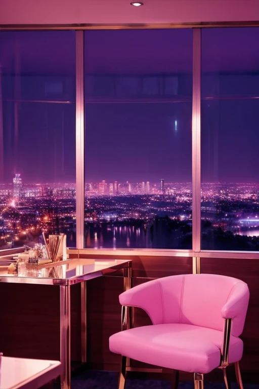 dreamy, luxurious office with satin metallic furniture at twilight with a view overlooking of a city. gradient of purples and pinks sky, enhancing the magical, serene atmosphere. 1960 retro film still, retrowave