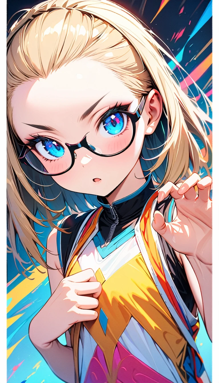 speedy Shot,(Top quality masterpiece),detailed,ultra detailed,hyper detailed,insanely detailed,Exquisite,Beautiful Full HD,16k,cute,Fantasy,A vibrant academic community,Soft line design,Soft　Surface,Simple line drawing,The best light,Fast Shutter Speed,  depth of border described,Highly saturated colors,Vibrant colors,Vibrant colors,BREAK,
(10yo),skinny,flat chested,(forehead,hair slicked back:1.3),Beautiful blonde hair,(blue eyes),(black nodoka glasses),thick bluish eyeshadow, thin eyebrows, thick black eyeliner, Highlighted eyes with eyeliner, false eyelashes,blush stickers,BREAK,
black leather jacket, yellow hood, black tight leather pants, red boots,full body, o o, claw pose