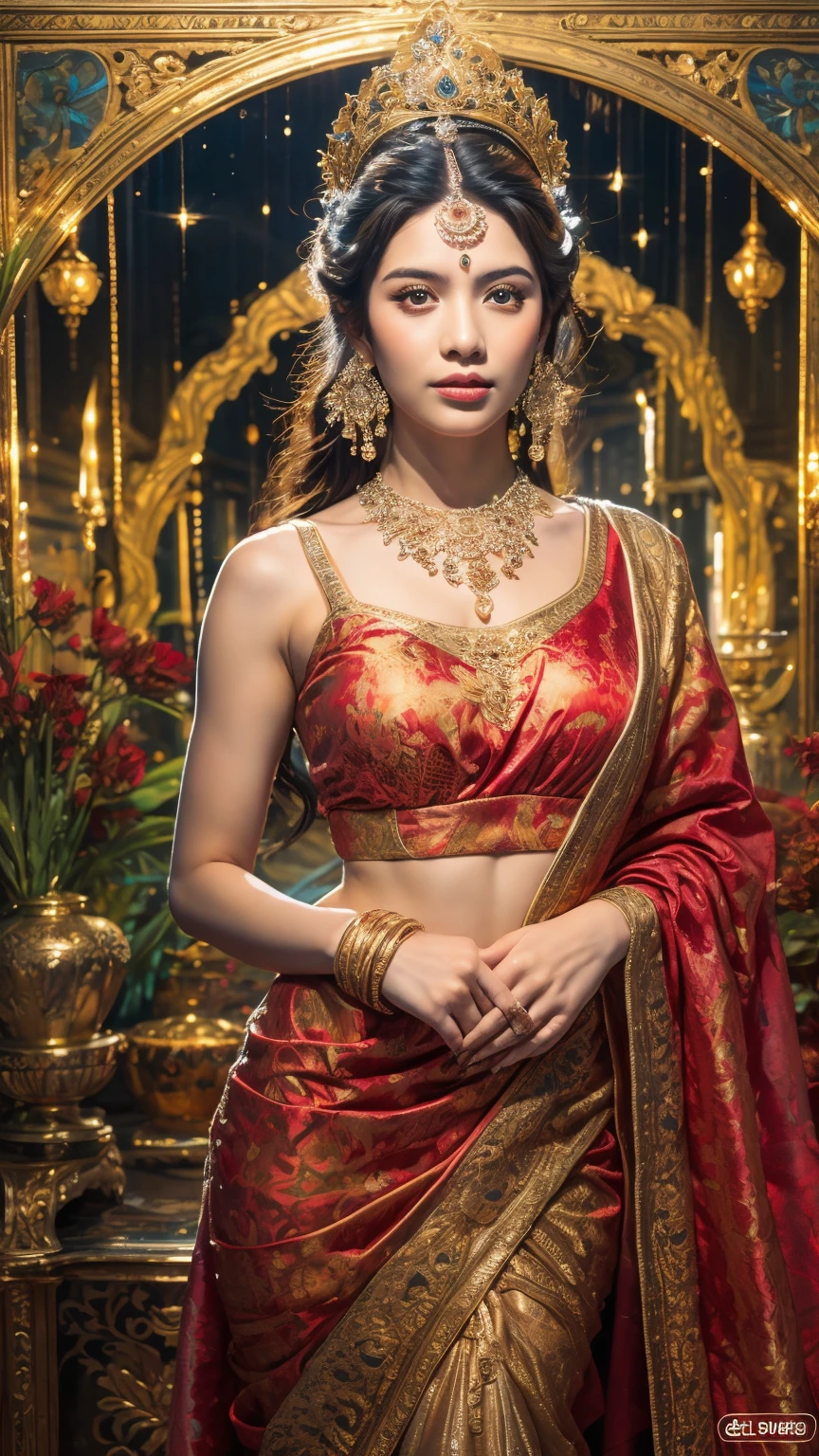 ((Best quality, 8k, Masterpiece :1.3)), Sharp focus :1.2, Generate a realistic image of a beautiful sexy Indian woman plus size body: 8.5 dressed in a white Kasava saree, adorned with traditional ornaments, standing in a well-lit room with cinematic lighting. ((Front view, random elegant pose)), and there is a sense of grace and elegance in her posture. The background should complement the scene, enhancing the overall aesthetic appeal of the image. Photography by Brandon Woelfel, Full shot: Canon EF 16-35mm f/2.8L III USM lens on a Canon EOS 5D Mark IV camera, ultra realistic, 32k, HD