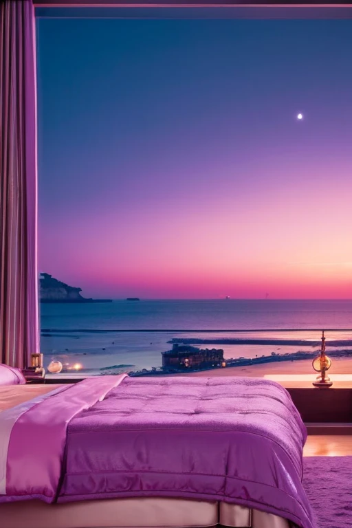 dreamy, luxurious bedroom with satin metallic furniture at twilight with a view overlooking of seaside. gradient of purples and pinks sky, enhancing the magical, serene atmosphere. 1970 retro film still, retrowave