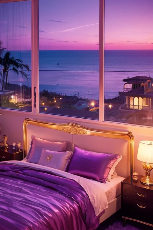 dreamy, luxurious bedroom with satin metallic furniture at twilight with a view overlooking of seaside. gradient of purples and pinks sky, enhancing the magical, serene atmosphere. 1970 retro film still, retrowave