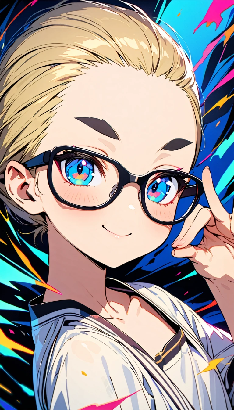 speedy Shot,(Top quality masterpiece),detailed,ultra detailed,hyper detailed,insanely detailed,Exquisite,Beautiful Full HD,16k,cute,Fantasy,A vibrant academic community,Soft line design,Soft　Surface,Simple line drawing,The best light,Fast Shutter Speed,  depth of border described,Highly saturated colors,Vibrant colors,Vibrant colors,BREAK,
(10yo),skinny,flat chested,(forehead,hair slicked back:1.3),Beautiful blonde hair,(blue eyes),(black nodoka glasses),thick bluish eyeshadow, thin eyebrows, thick black eyeliner, Highlighted eyes with eyeliner, false eyelashes,blush stickers,BREAK,
black leather jacket, yellow hood, black tight leather pants, red boots,full body, o o, claw pose