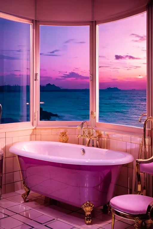 dreamy, luxurious bathroom with satin metallic furniture at twilight with a view overlooking of seaside. gradient of purples and pinks sky, enhancing the magical, serene atmosphere. 1970 retro film still, retrowave