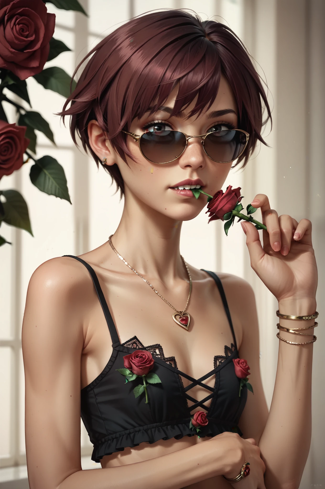 score_9, score_8_up, score_7_up, 1 woman girl, (short rose hair:1.4), (skinny body:1.2), rose lace lingerie, (standing casually), (portrait),bracelet,necklace,sunglasses, biting in a rose flower