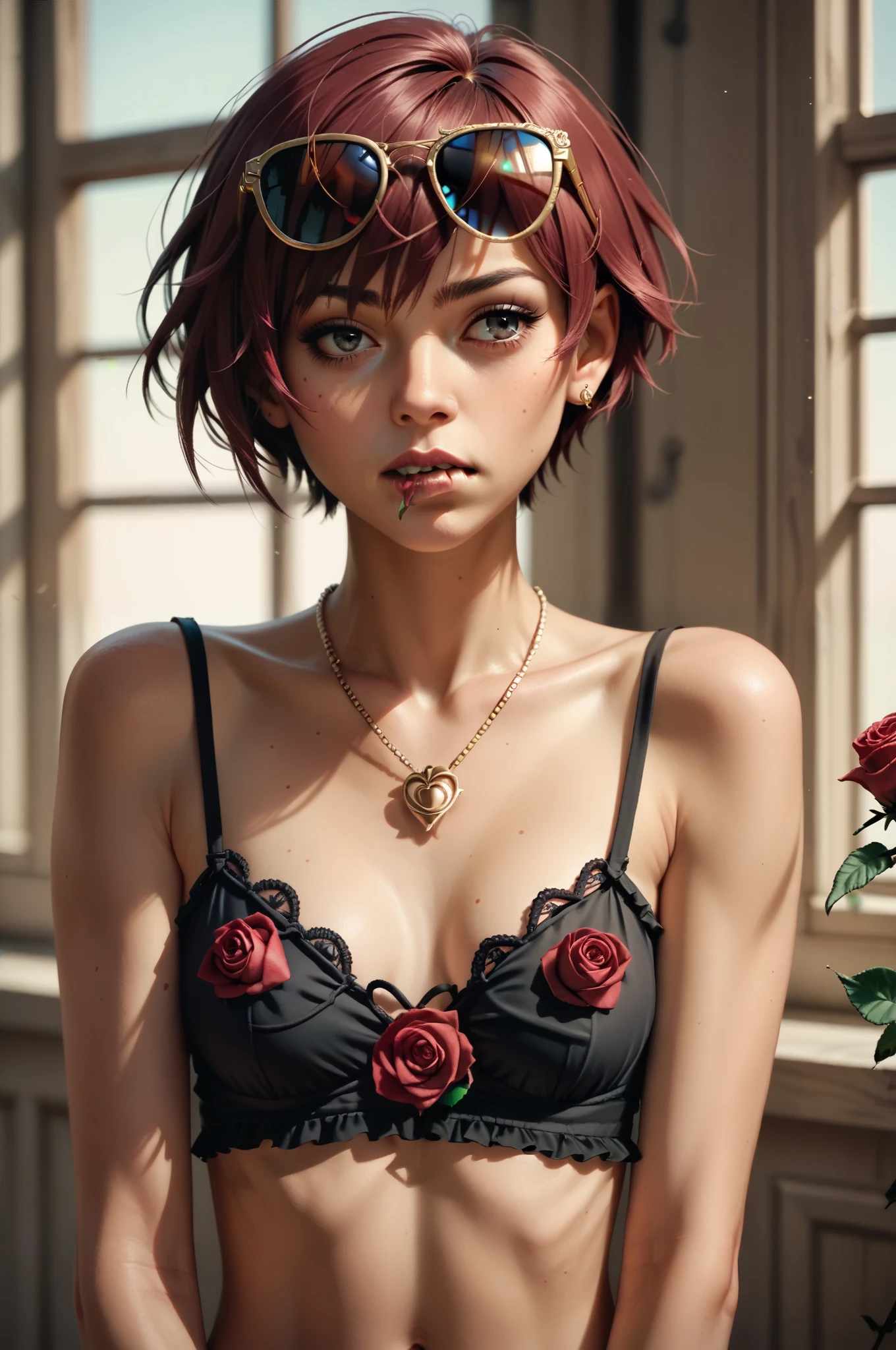 score_9, score_8_up, score_7_up, 1 woman girl, (short rose hair:1.4), (skinny body:1.2), rose lace lingerie, (standing casually), (portrait),bracelet,necklace,sunglasses, biting in a rose flower