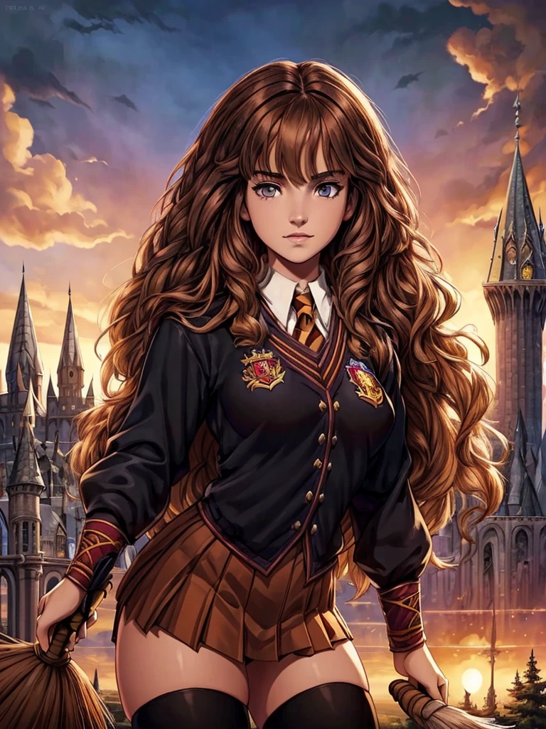 ((ultra quality)), ((masterpiece)), Hermione Granger, Harry Potter, An Epic Picture, ((brown-haired long hair)), (Beautiful face), (beautiful female lips), (), charming, (), looks at the camera, eyes slightly open, (skin color white), (White skin), glare on the body, ((detailed beautiful female eyes)), (eye color - brown), (juicy female lips), (dark eyeliner), (beautiful female hands), ((ideal female figure)), ideal female body, (), beautiful waist, gorgeous thighs, beautiful medium breasts, ((subtle and beautiful)), A seductive stance (), ((dressed in Hogwarts school uniform destroyed)) ((flying on a broom)), very sexy half-naked, a magical battle, (Hogwarts uniform, Hawks, Gryffindor，black stockings), ((hogwarts castle)). Comic style. Marvel comics, (highly detailed drawing), background: bridge on Hogwarts grounds, Beautiful sunset, ((depth of field)), ((high quality clear image)), (clear details), ((high detail)), realistically, professional photo session, ((Clear Focus)).