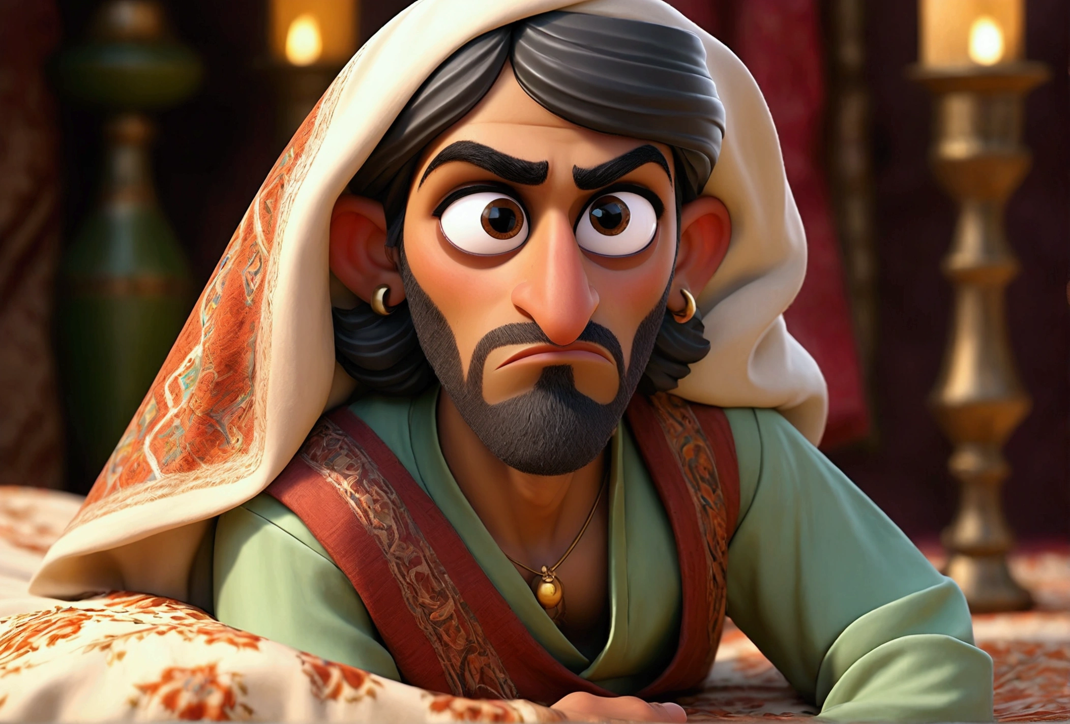 a 30 year old arabic man on bed, on side, confused, showung fullbody complete, hyper realistic, photorealistic, high detail, sharp focus, studio lighting, vivid colors, detailed facial features, beautiful detailed eyes, beautiful detailed lips, extremely detailed face and skin, elegant posture, warm lighting, intricate pattern on the shalwar kameez, non clothing, natural setting, environmental details, rich textures