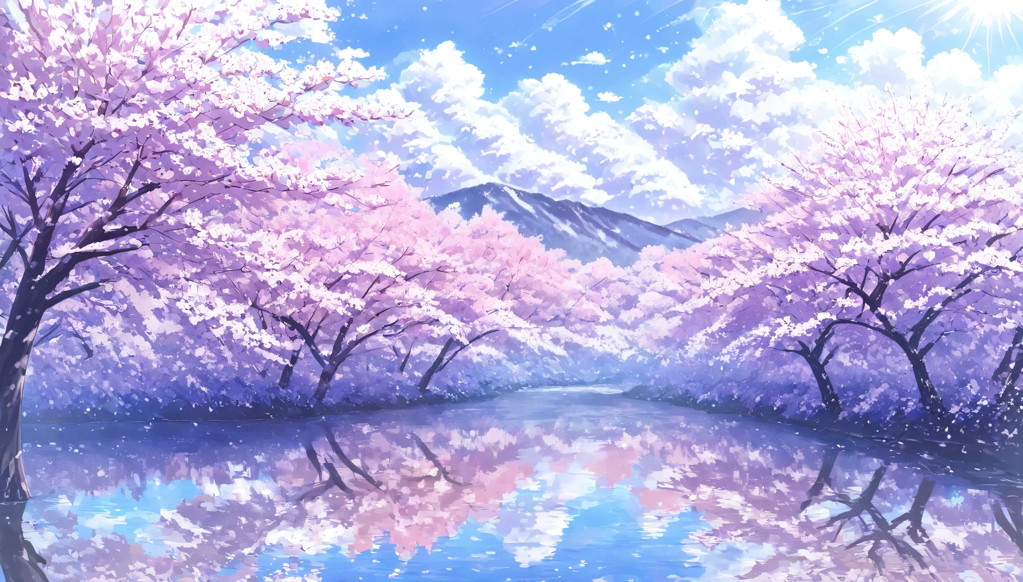 ((pastel))、 Women,  river and Senbonzakura  ,  cherry blossoms on one side by , Blizzard of cherry blossoms ,pink glow,midday,  Sunlight shines on , per view from a distance , Moving scene  