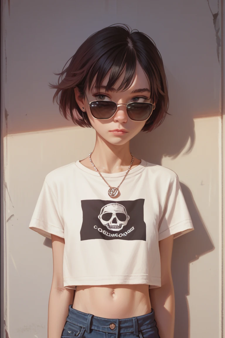 score_9, score_8_up, score_7_up, 1 woman, short hair, (skinny body:1.2), cropped rose t-shirt, (standing casually), (portrait),bracelet,necklace,sunglasses