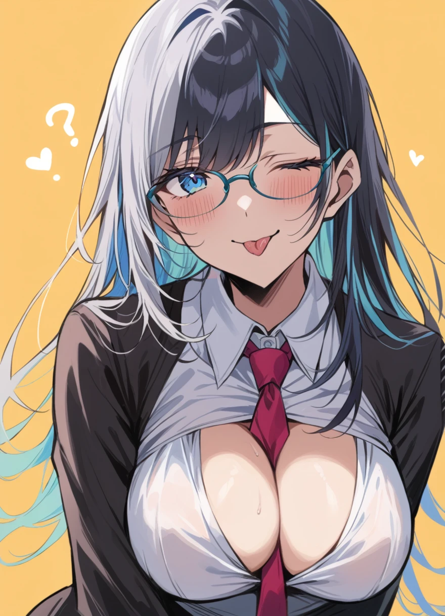 masterpiece, best quality, masterpiece, best quality, 1girl, ;p, aqua hair, aqua nails, between breasts, black hair, blue eyes, blue hair, breasts, colored inner hair, glasses, grey hair, medium breasts, looking at viewer, multicolored hair, nail polish, necktie, necktie between breasts, one eye closed, shrug \(clothing\), simple background, tongue, tongue out, upper body, yellow background, 