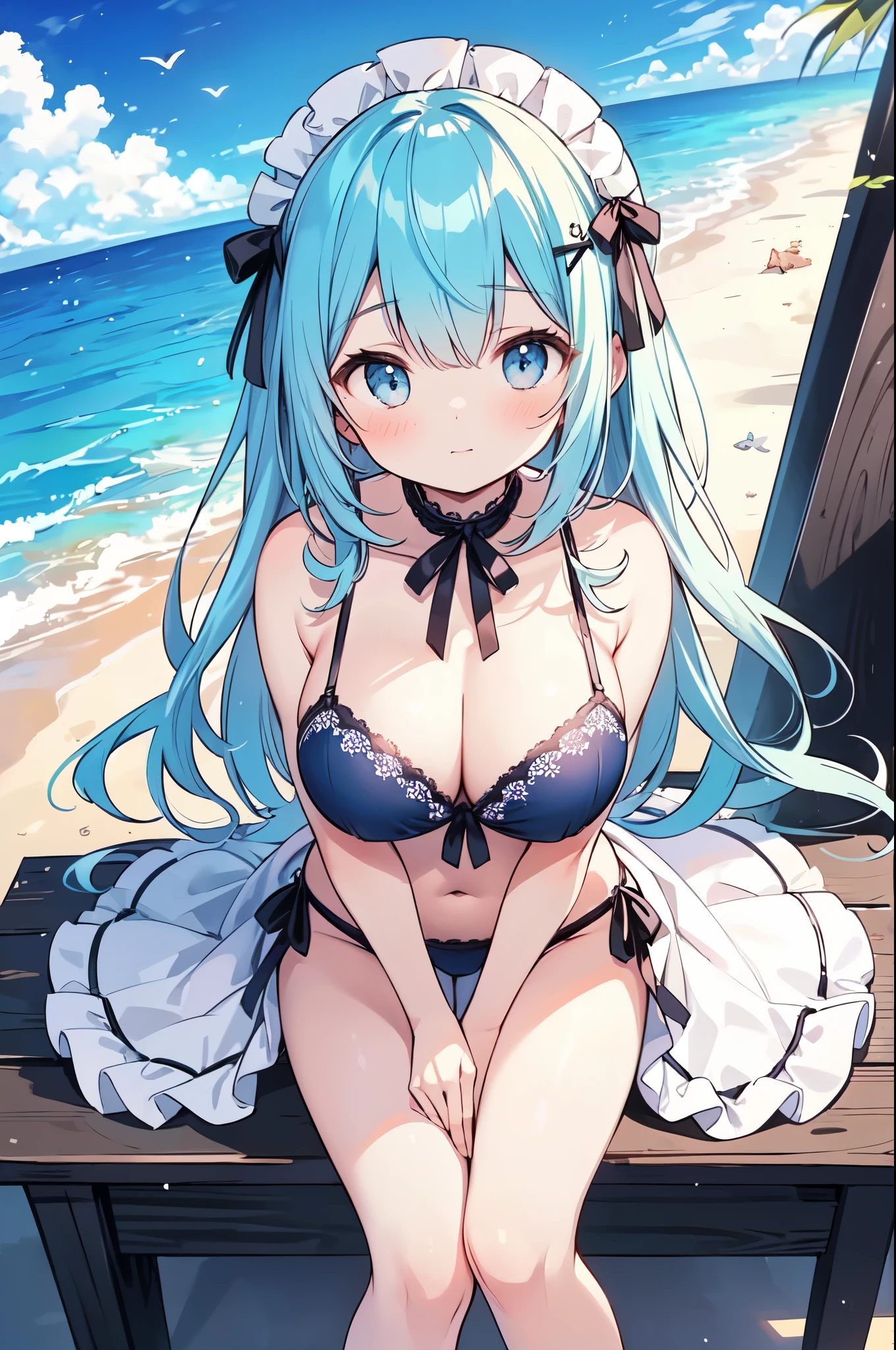 beach, 1girl, blue bikini,black hair, looking at viewer, armlet, parted bangs, solo, bangs, blush, choker, collarbone,beach,,open mouth,smile,happy,saggy breasts,blush,solo,blue eyes,blue eyes,twintail,hestia,hestia,hestia,hestia,side boob,beach,,blush,light blue eyes,disgusting face,Very saggy breasts,1 girl,very long ruffles of white color,,{{{A very long white old}}},{{{beach}}},barefoot,,blue bikini,,,, all fours