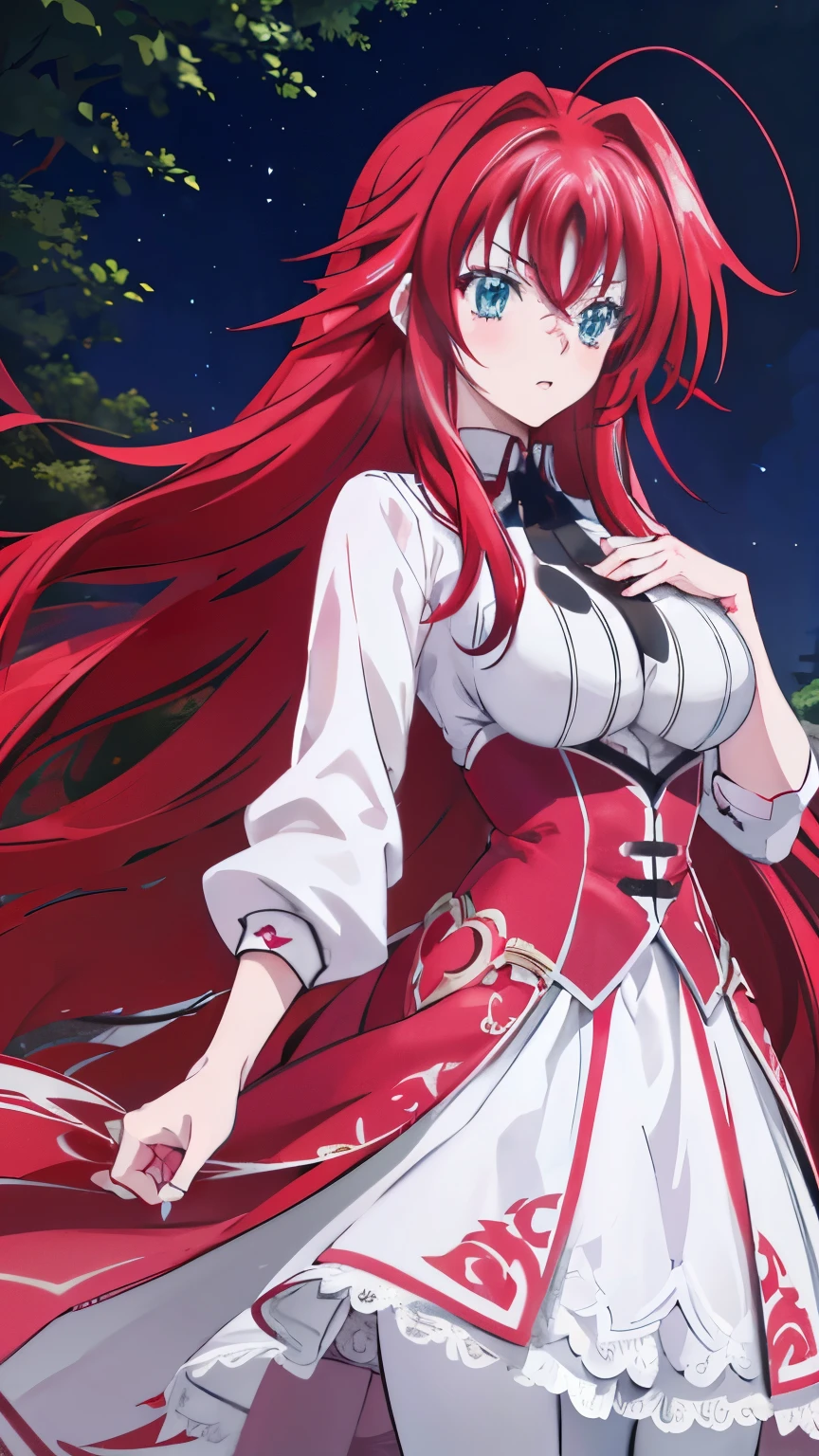 realistic, 1girl, rias gremory, red hair, white hair, Blue eyes, glowing eyes, White and pink wedding gown, Red skirt, Pink pantyhose ,parted lips, blush, night,