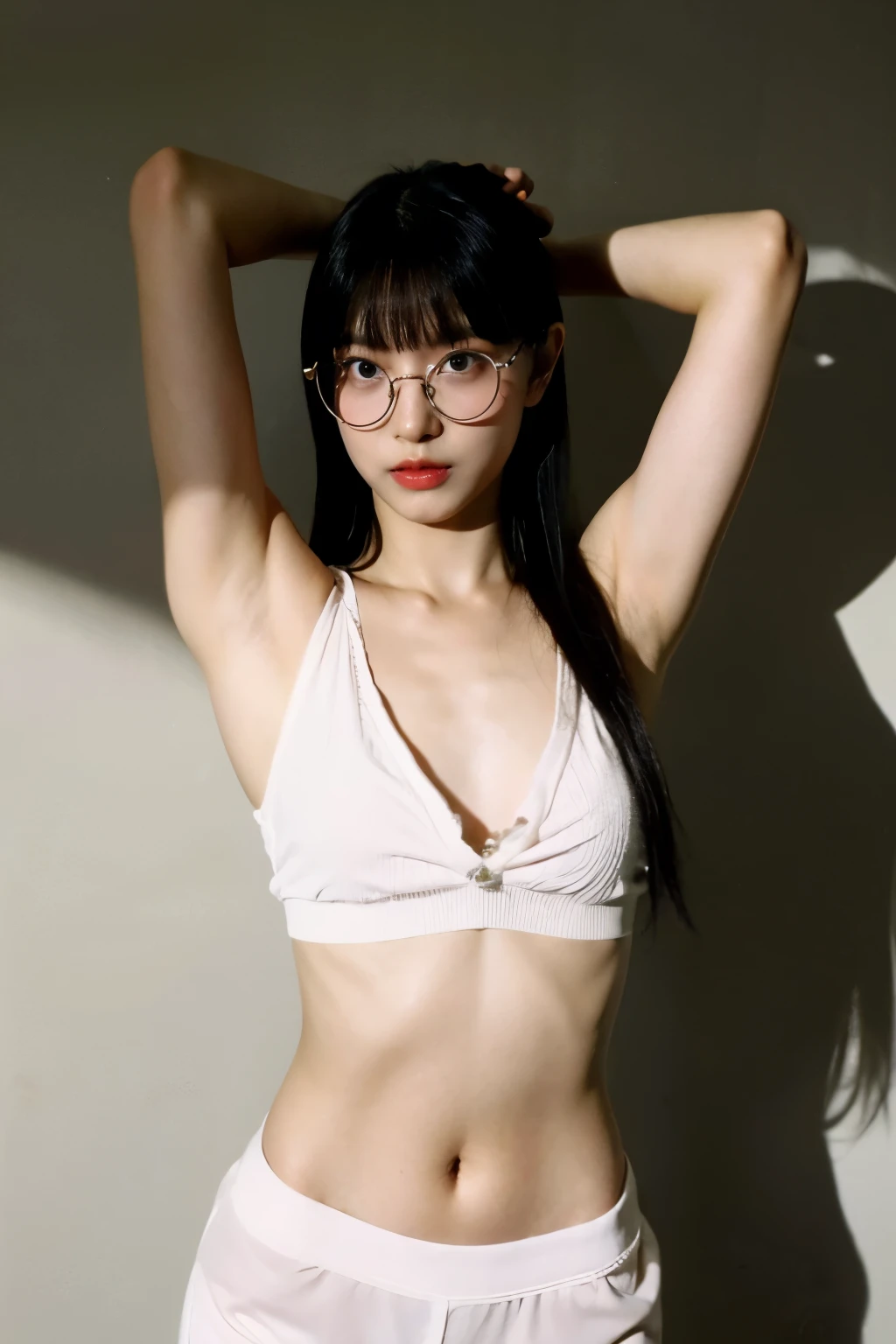 raw photo, 8k, (top-quality), Realistic, (real picture, Intricate details, depth of field), (natural skin texture, detailed skin, hyper realism, sharpness), photorealistic, high resolution, ((white small bra, white thong panties)), ((Japanese college girl standing in white photography studio)), pale skin, (wavy short hair, short bangs), (glasses neat face, parted lips, without makeup), (((flat chest:1.4))), (arms open wide), thighs, camera, lighting equipment:1.3, hard lighting:1.3, low angle shot, front view shot