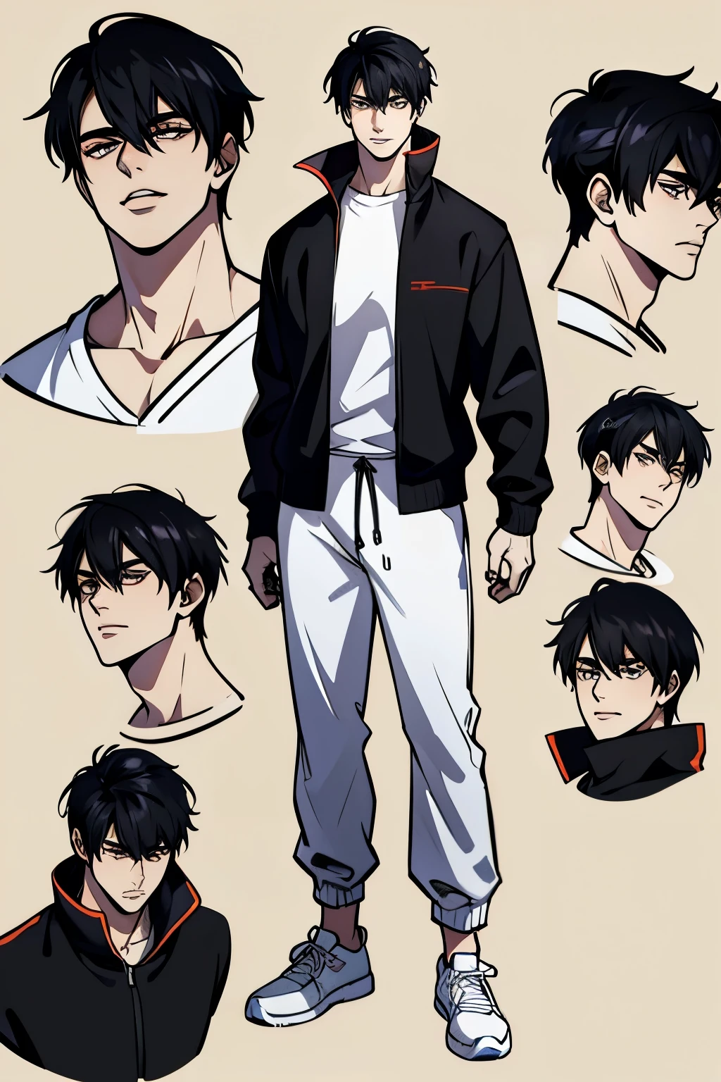 Character Sheet, Character Design, male, 20 years old, black hair, modern clothes, white sweater, black pants, white shoes, ((masterpiece)), 4K, 8K, 16K, UHD, Ultra HD, Ultra detailed