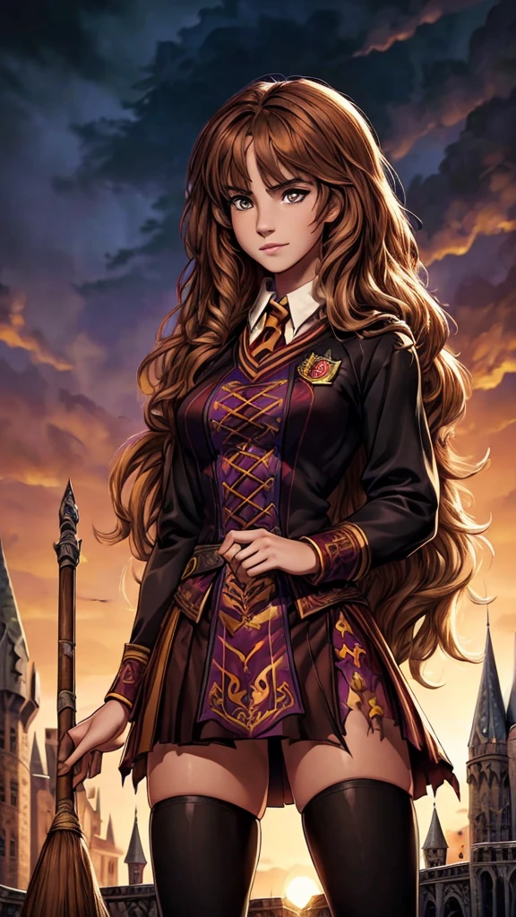 ((ultra quality)), ((masterpiece)), Hermione Granger, Harry Potter, An Epic Picture, ((brown-haired long hair)), (Beautiful face), (beautiful female lips), (), charming, (), looks at the camera, eyes slightly open, (skin color white), (White skin), glare on the body, ((detailed beautiful female eyes)), (eye color - brown), (juicy female lips), (dark eyeliner), (beautiful female hands), ((ideal female figure)), ideal female body, (), beautiful waist, gorgeous thighs, beautiful medium breasts, ((subtle and beautiful)), A seductive stance flying on a magic broom (), ((flying on a broom)), very sexy half-naked, a magical battle, (Hogwarts uniform, Hawks, Gryffindor, black tights completely torn and dirty), ((hogwarts castle)). Comic style. Marvel comics, (highly detailed drawing), background: bridge on Hogwarts grounds, Beautiful sunset, ((depth of field)), ((high quality clear image)), (clear details), ((high detail)), realistically, professional photo session, ((Clear Focus)).