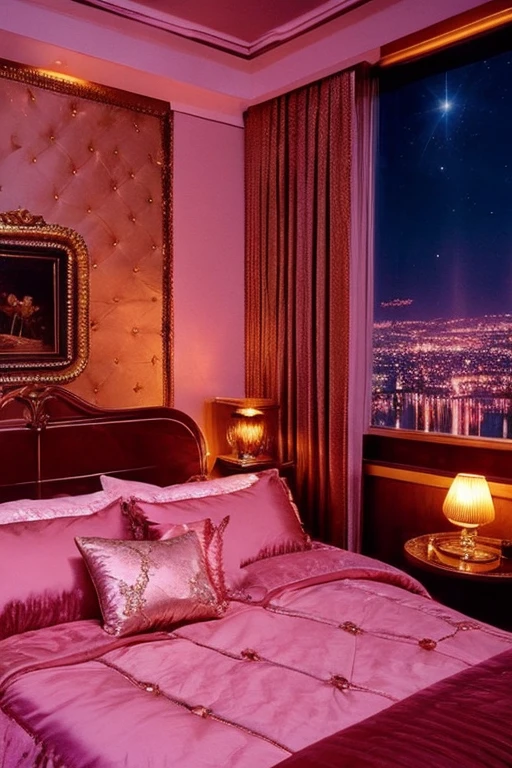 dreamy, heavenly, ethereal, luxurious bedroom with satin metallic furniture, enhancing the magical, serene atmosphere. 1989 retro film still, retrowave, twilight night scenery