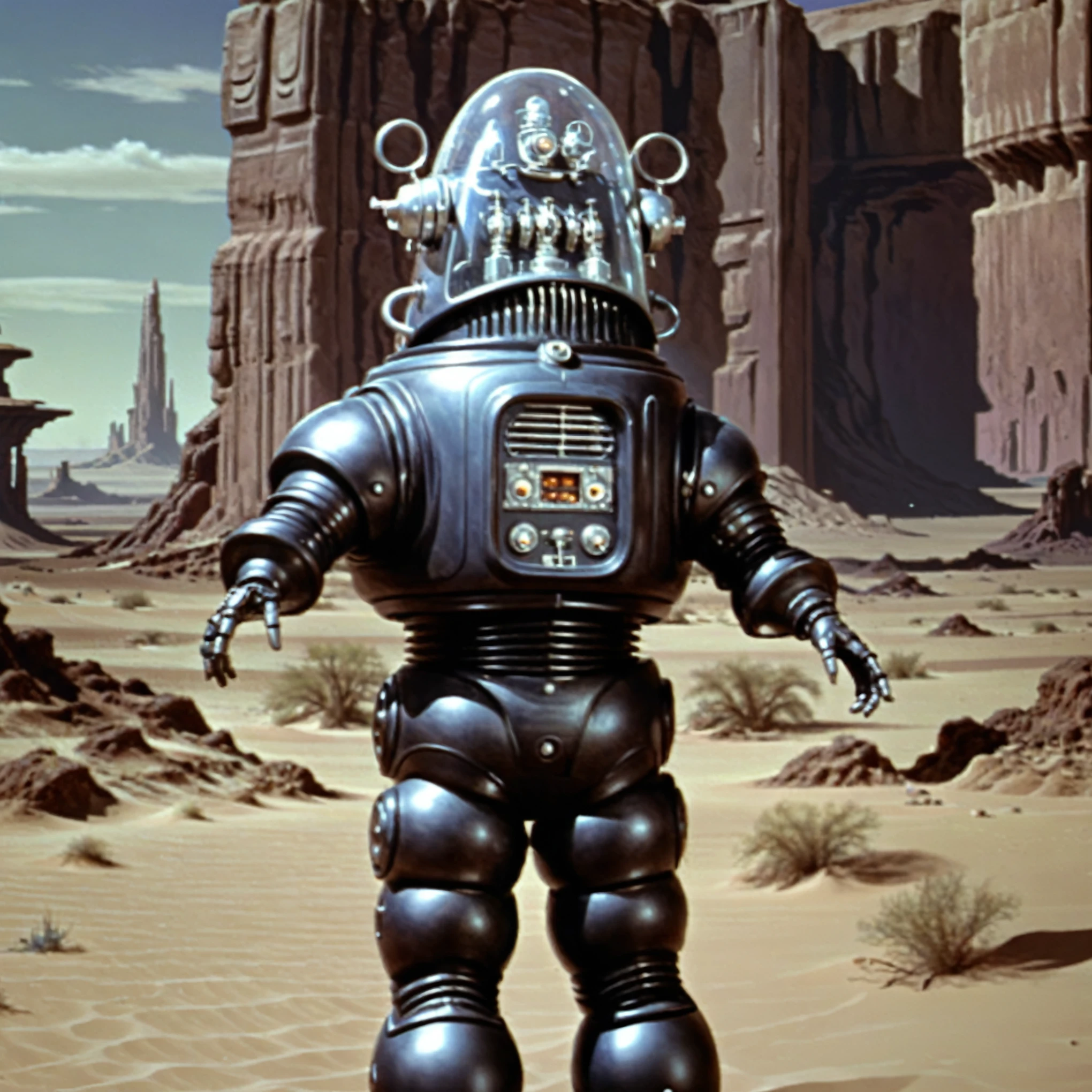 Robbie_FP50, 16k, movie still, ((cinematic)), full body standing robot, science fiction, realistic, (intricate details:1.1), retro artstyle, futuristic sci-fi desert background, helmet, (extremely detailed:1.3), Forbidden Planet, metal spheres legs, Robbie_FP50