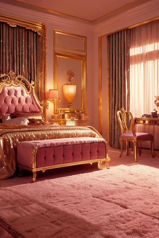 dreamy, heavenly, ethereal, luxurious bedroom with satin metallic furniture, enhancing the magical, serene atmosphere. 1989 retro film still, retrowave, twilight night scenery