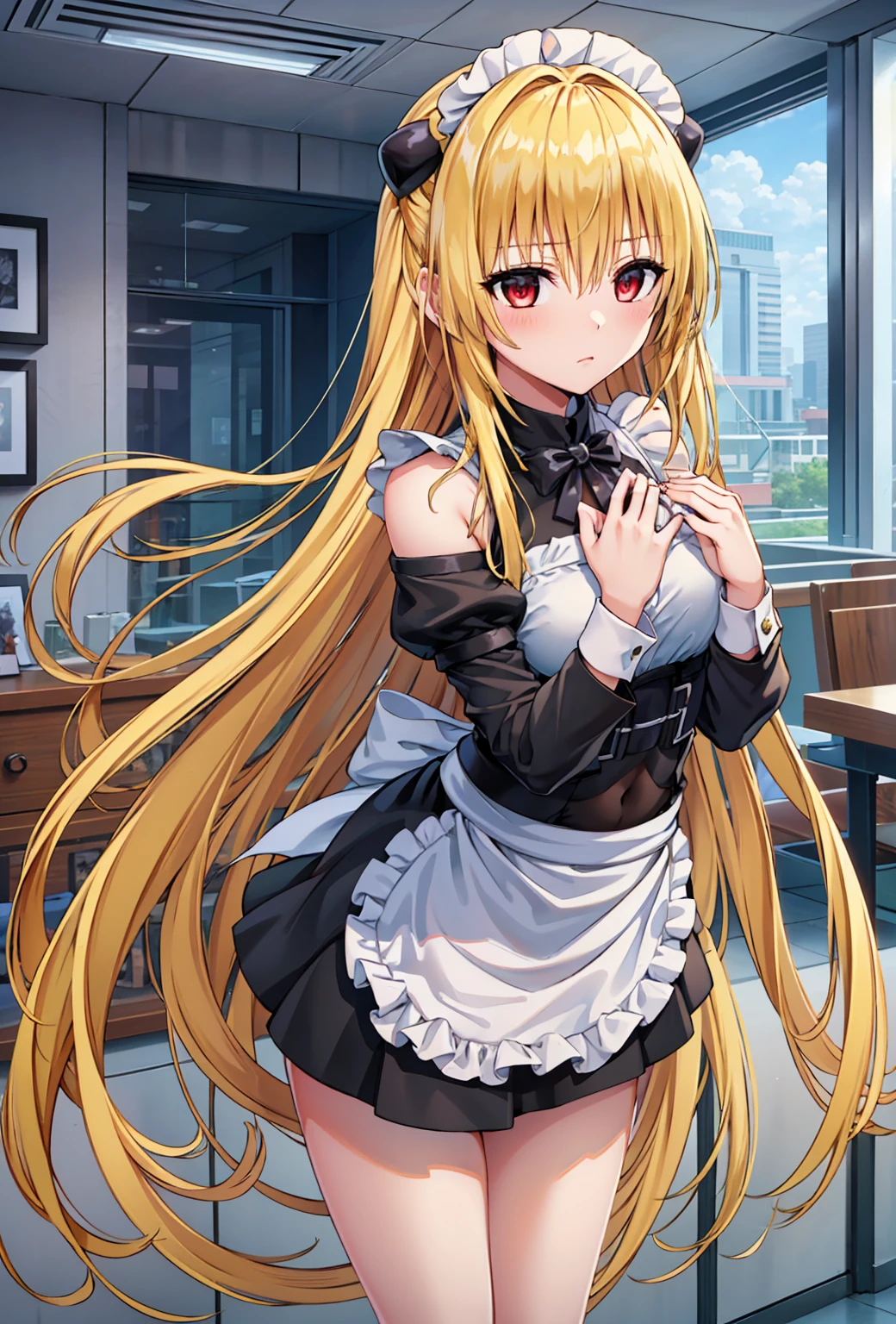 ( 1 girl),(Alone), Golden Darkness, (Alone), Long Hair, Taiyaki,  blond hair, hairpin, red eyes, very Long Hair, Hair Shot,  ,( maid clothes:1.4), ( black suit with white details:1.1), (Neckline:1.2), (Bare legs:1.4), (Short sleeve:1.2),( black heels :1.3), ( white headband :1.3),(Bare waist),(Belly button), medium breasts,  thin waist,  wide hips,  wide thigh  , Round ass,  lean forward,  Hair Between Your Eyes, , Hair Topper, Raise both sides, bangs, cowboy shot, Dynamic Stance, Super detailed, Detailed eyes,  sharp concentration, masterpiece, silent facial expression, ing, Bare Shoulder,  standing , exterior, day, cloud, day本の学校,   leaning against a wall   :1.5, :1.5,  window :1.5, corridor:1.5 ), Perfect hands,  COMPLETE ANATOMY, Floating Hair, To Loveる,   I'm looking forward to it  ,((Focus on the chest,throw(the above),  COMPLETE ANATOMY,Perfect hands