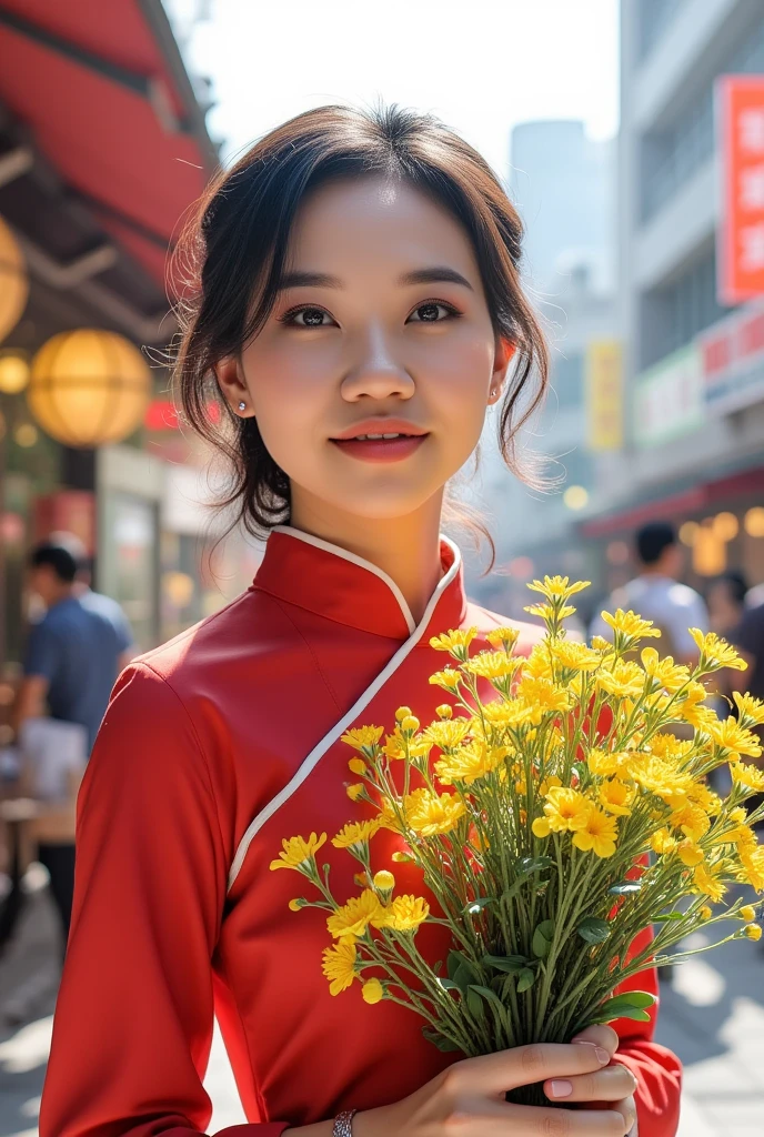 a beautiful girl in vintage colors aodai , masterpiece, best quality, realistic:1.3, street, cyberpunk, holding bundle of adubon flowers, sunlight, backlighting, ((((hdr)))), intricate scene, artstation, intricate details, vignette