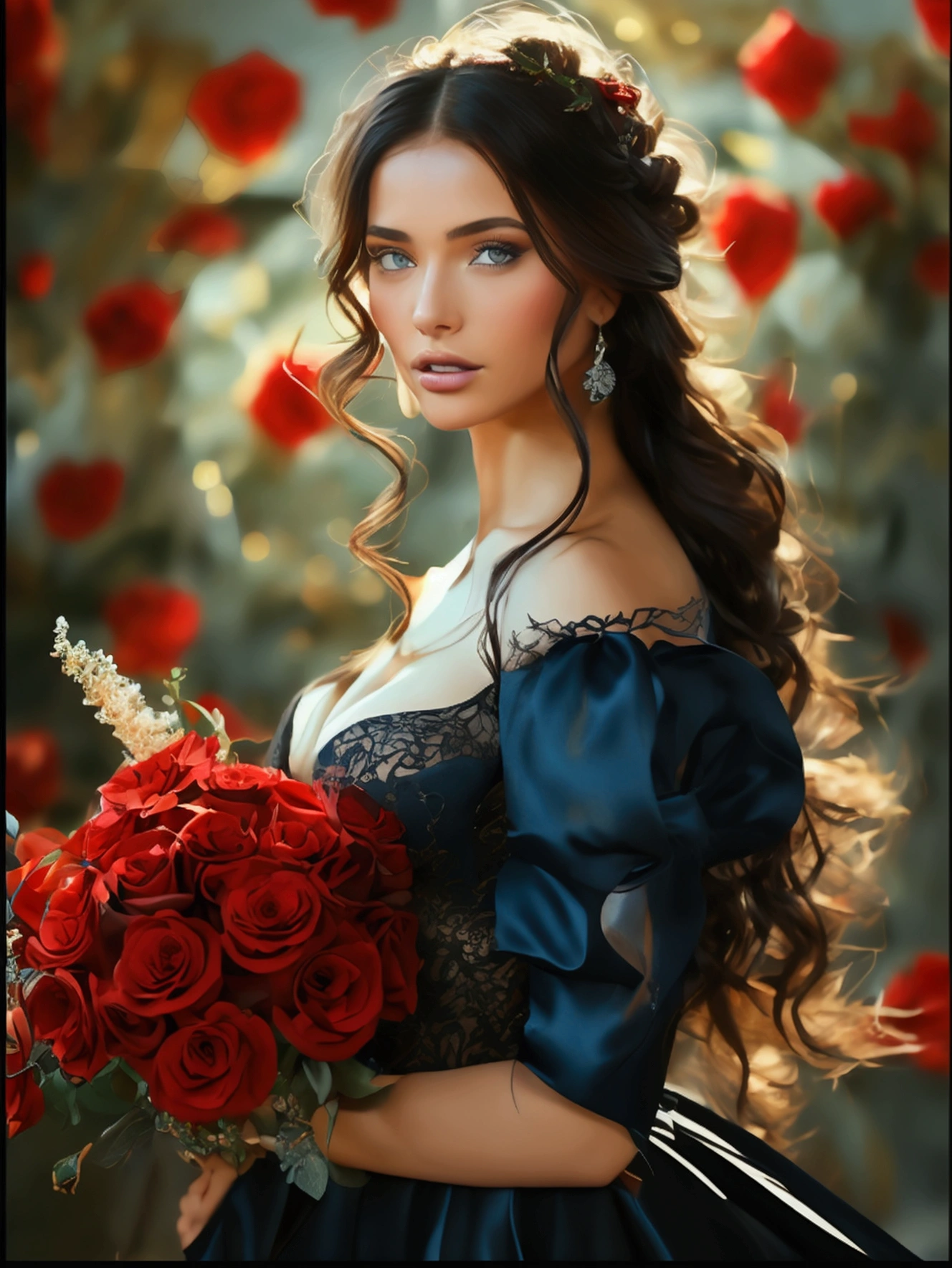 beautiful woman, long dark hair, blue eyes,  big breasts, black wedding dress with large neckline, bouquet of red roses, Full body image,  High resolution, HD model, plano general, 