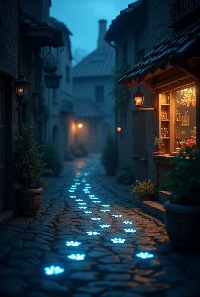 Medieval streets, alleys, deep night:1.4, midnight:1.8, glowing light, drop shadow, moon:1.3, Pitch black, Progressive Nights, moonlight:1.3, Pale-white glowing cat footprints:1.8, Shine cat footprints, Continue deeper, A Magical Shop, UHD, masterpiece, best quality, high details:1.4, Incredible resolution