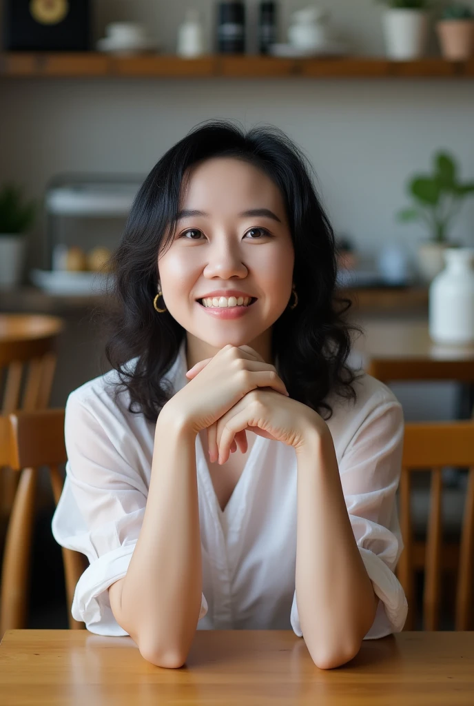 there is a woman sitting at a table with her hands on her chin, taken with canon eos 5 d mark iv, shot on canon eos r5, shot on canon eos r 5, taken with canon 5d mk4, chiho, sakimi chan, harumi, shot on nikon z9, captured on canon eos r 6