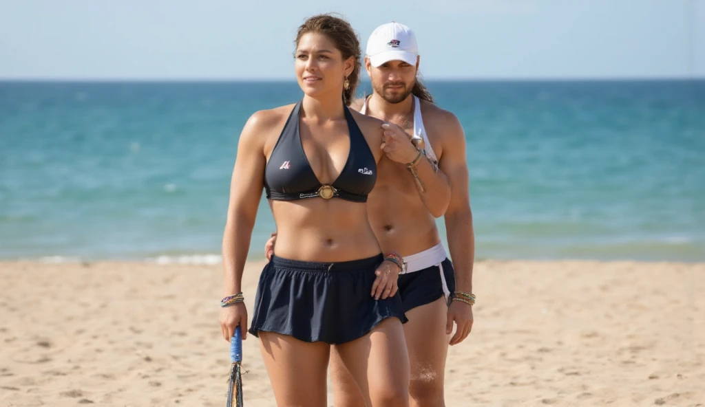 A upper body photo of a sexy, curvy slim model girl from a normal tennis court setting. She's wearing a micro bikini top, mini loose tennis skirt that hugs hegure, showcasing her thick muscular thighs. She has very big saggy . Her confident smirk radiates charisma as she stands in a beach, standing beside a man, beside. a man, hugging a man, hugging a man, hug, side hug, her large earrings catching the light. Detailed skin texture, DSLR quality, cinematic lighting, and intricate accessories all come together to capture her allure in this full-body view, (((large breasts))), (((deep open neckline))), (((long waist))), (((bracelets))), (((wide hip))), (((mini tennis skirt))), (((tennis cap))), ((laughing))), (((laughing hysterically))), (((big ass))), (((thick voluptuous thighs))), (((big glutes))), 1girl, (((standing beside a man))), (((hugging a man))), (((man grabbing her waist)))