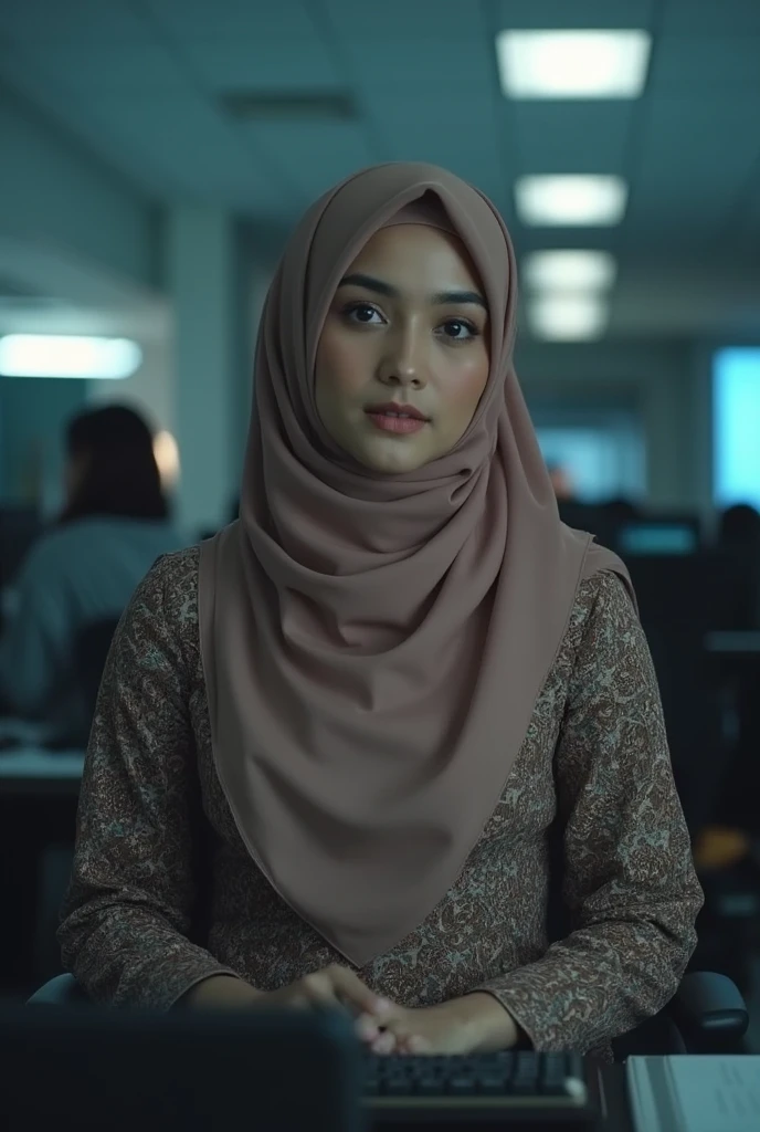 a 20 years old malay women in hijab wear floral pattern baju kurung seat in the office, night, serious face, nighttime, in the office movie style, hyper - realistic photography, dramatic effect, people working in background, pastel color grading, full body, 8k, close - up shot, extreme close - up photo