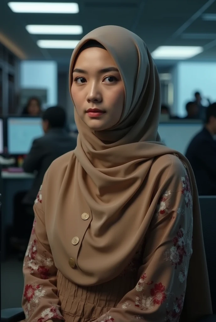 a 20 years old malay women in hijab wear floral pattern baju kurung seat in the office, night, serious face, nighttime, in the office movie style, hyper - realistic photography, dramatic effect, people working in background, pastel color grading, full body, 8k, close - up shot, extreme close - up photo