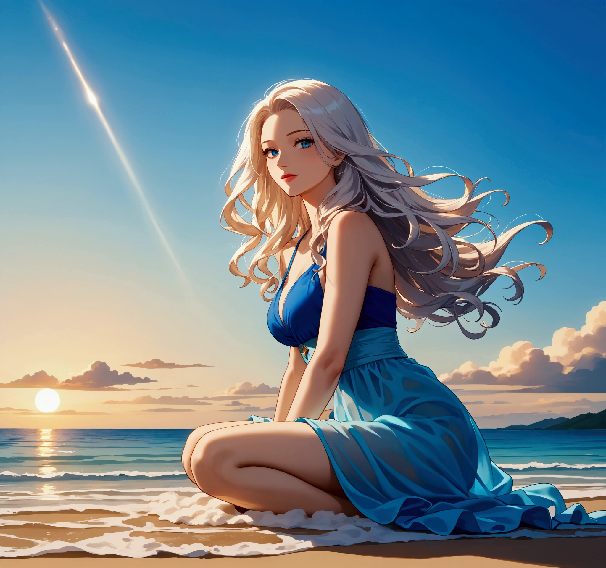 (best illumination, best shadow, masterpiece, high quality), colorful, lively, summer feel, many bright colors, beautiful woman with light summer clothes, loose hair, sitting on a beach with crystal clear water and white sand, bright blue sky.