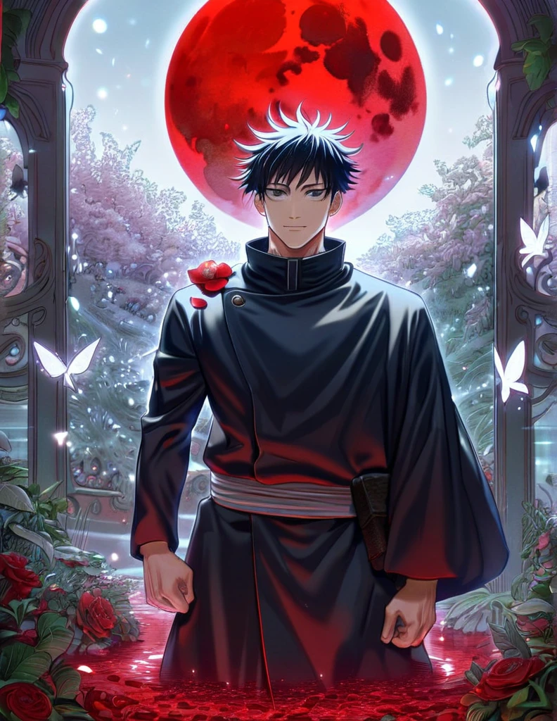 absurdres, highres, ultra detailed, HDR, master piece, extremely detailed, TcolonolonolonolonolonolonolonolonolonolonolonolonolonolonolaT, black hair, beautiful black eyes, handsome anime mature face, Jujutsu Kaisen, sexy man, handsome, best quality, red moon, flowers, fantasy, magical, solo, red water, red shining fireflies, red petals, handsome smile, silver small butterflies, red dust, black coat, black Gakuran Outfit