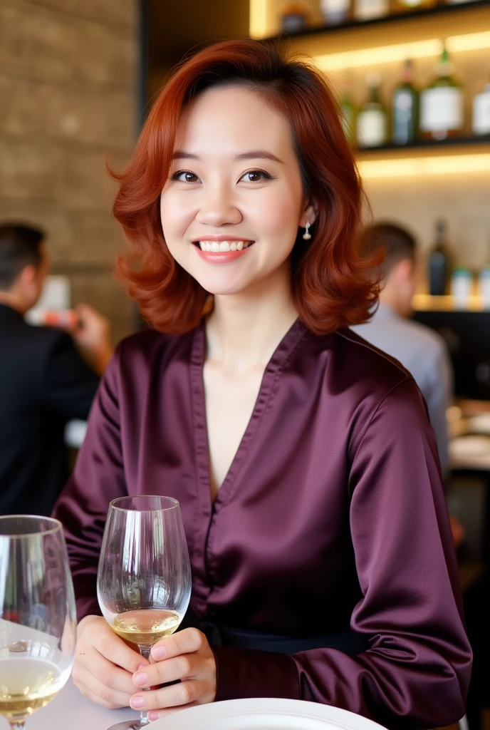 Realistic full body portrait of a German red-haired young woman aged 23, Ponytail, Necklace, smile. She sits in front of the camera in a shiny purple satin long-sleeved shirt and a black pencil skirt...Holding glass in hands, restaurant ,glamour fotoshooting, beautiful female hourglass body, perfect anatomy]]], perfect brown eyes. Perfect hands with 5 fingers on each hand, 1 red-haired young woman, ,look into the camera. (Eye make-up:1.1), (highly detailed skin:1.1), spirit, Analog-Stil, sharp concentration, 8K  UHD, dslr, good quality, Fujifilm XT3, Grain, award-winning, Masterpiece. Die 23 jährige Frau sitzt im restaurant am Tisch. Wonderful moment. Portraitfoto, Food on the table 