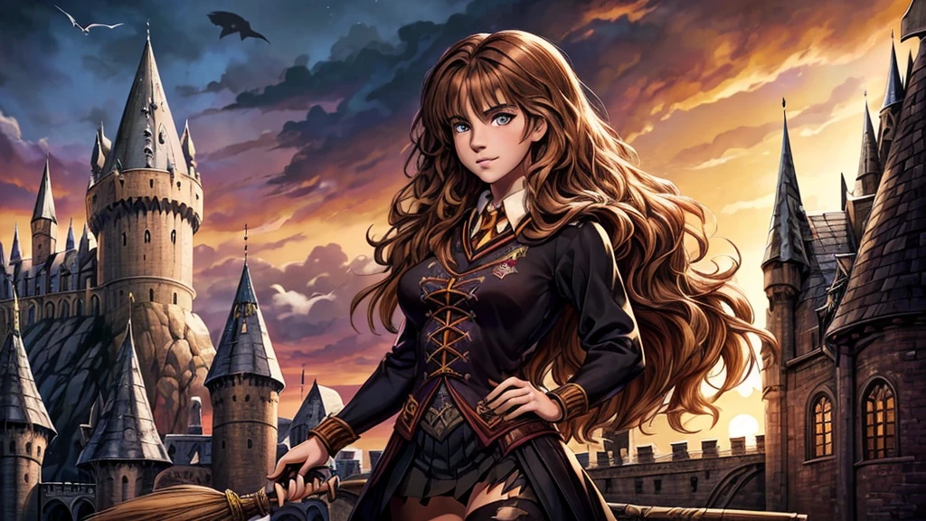 (masterpiece, highest quality:1.2), 1 girl, alone,Flying Witch, ((ultra quality)), ((masterpiece)), Hermione Granger, Harry Potter, An Epic Picture, ((brown-haired long hair)), (Beautiful face), (beautiful female lips), (), charming, (), looks at the camera, eyes slightly open, (skin color white), (White skin), glare on the body, ((detailed beautiful female eyes)), (eye color - brown), (juicy female lips), (dark eyeliner), (beautiful female hands), ((ideal female figure)), ideal female body, (), beautiful waist, gorgeous thighs, beautiful medium breasts, ((subtle and beautiful)), A seductive stance flying on a magic broom (), ((flying on a broom)), very sexy half-naked, a magical battle, (Hogwarts uniform, Hawks, Gryffindor, black tights completely torn and dirty), ((hogwarts castle)). Comic style. Marvel comics, (highly detailed drawing), background: bridge on Hogwarts grounds, Beautiful sunset, ((depth of field)), ((high quality clear image)), (clear details), ((high detail)), realistically, professional photo session, ((Clear Focus)).